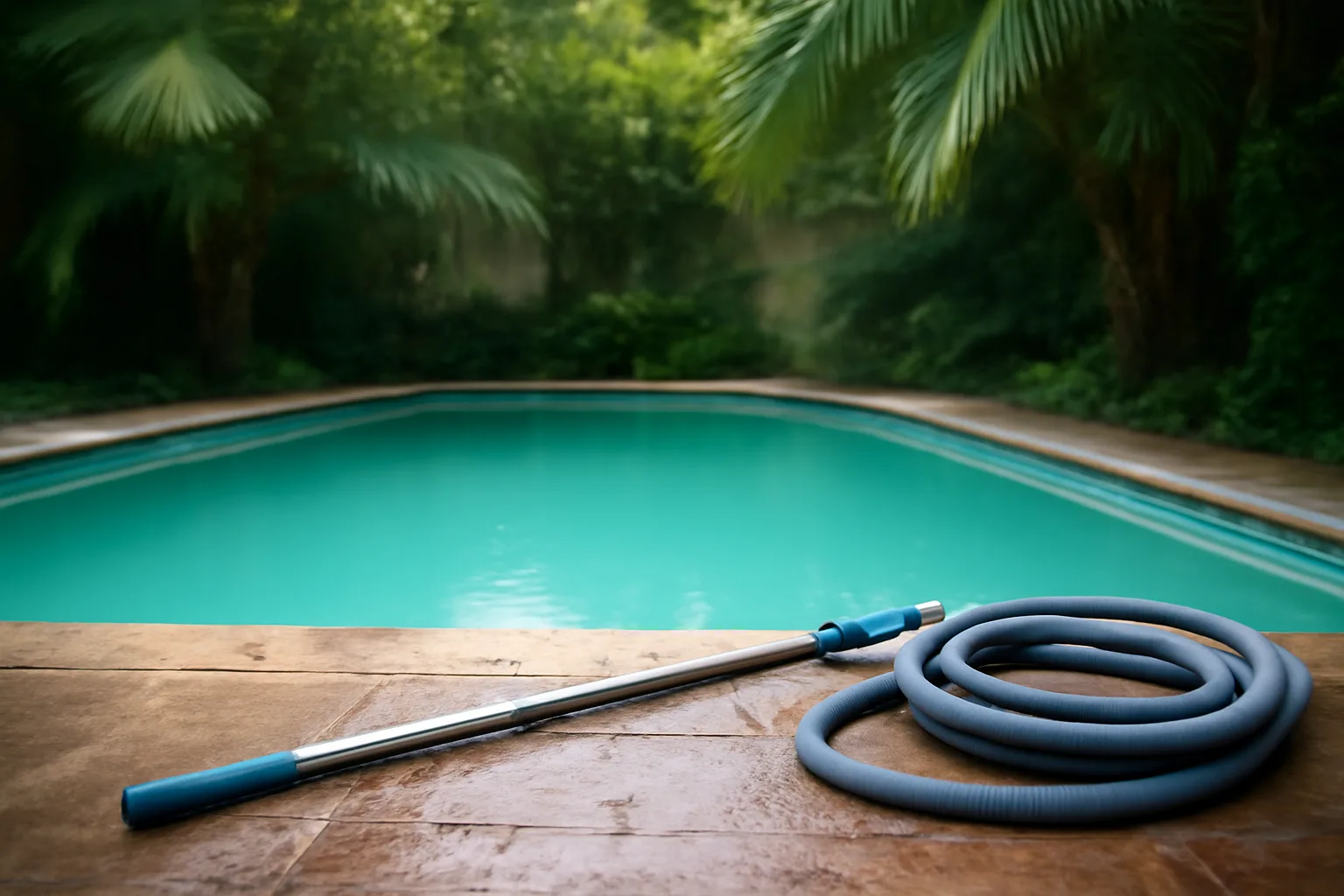 Florida pool route stop with pole on wet backyard coping