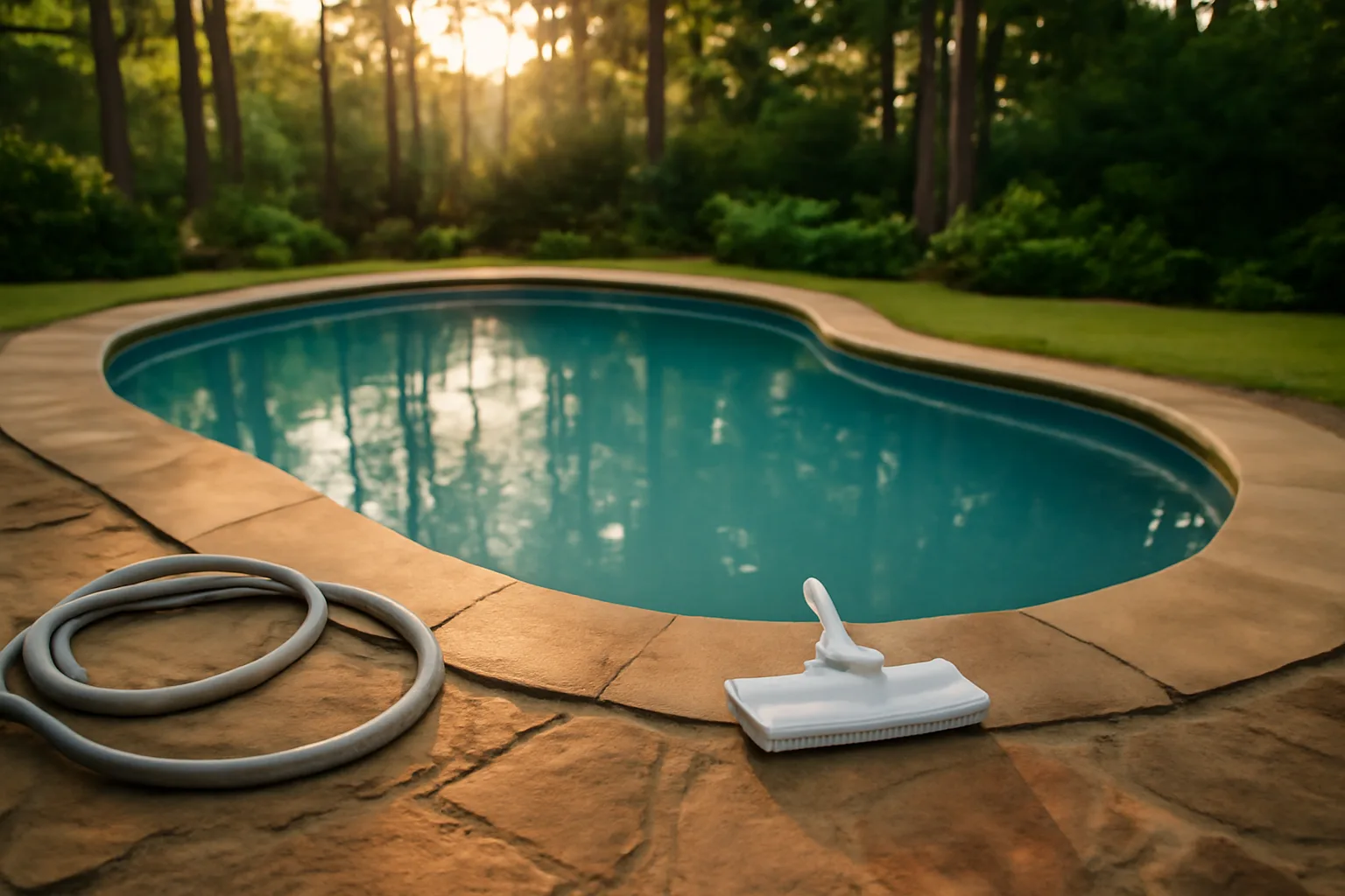 Vacuum gear beside a residential Georgia backyard pool