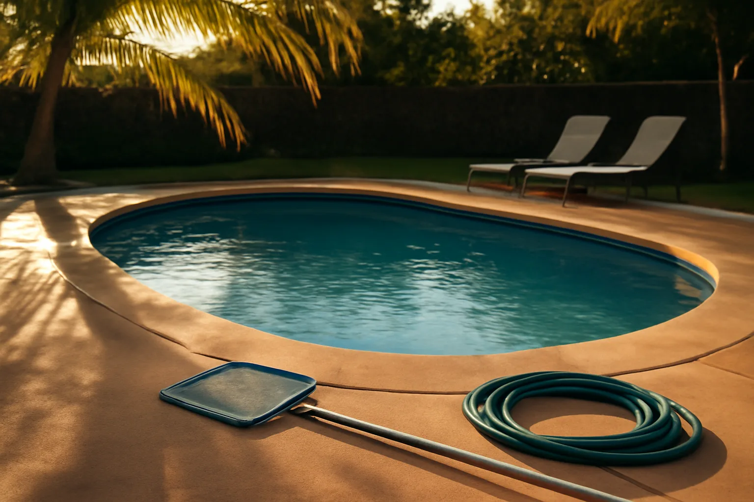 Kailua backyard pool deck with net and hose in Hawaii