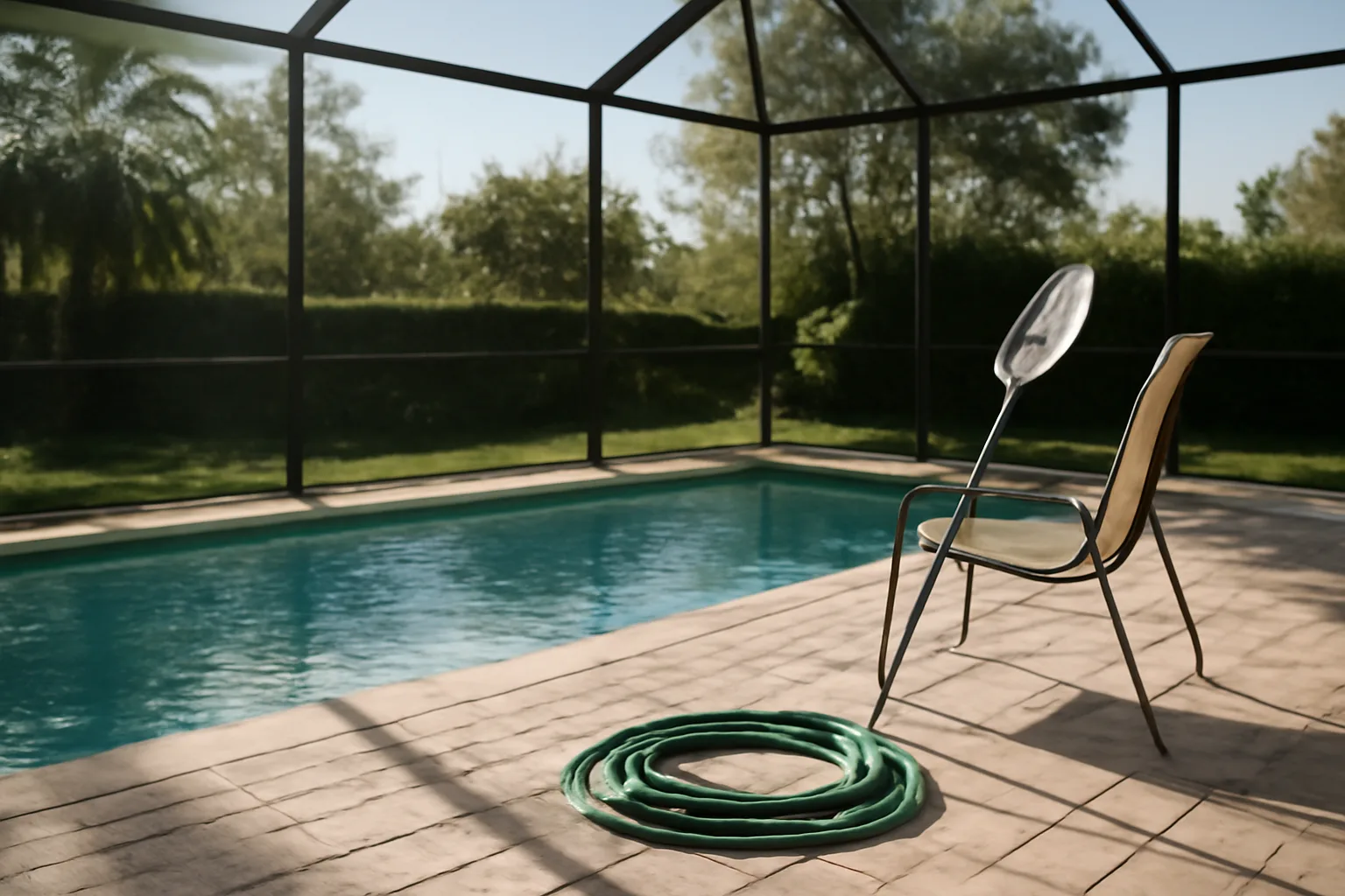 Screened Florida backyard pool in morning light awaiting route service