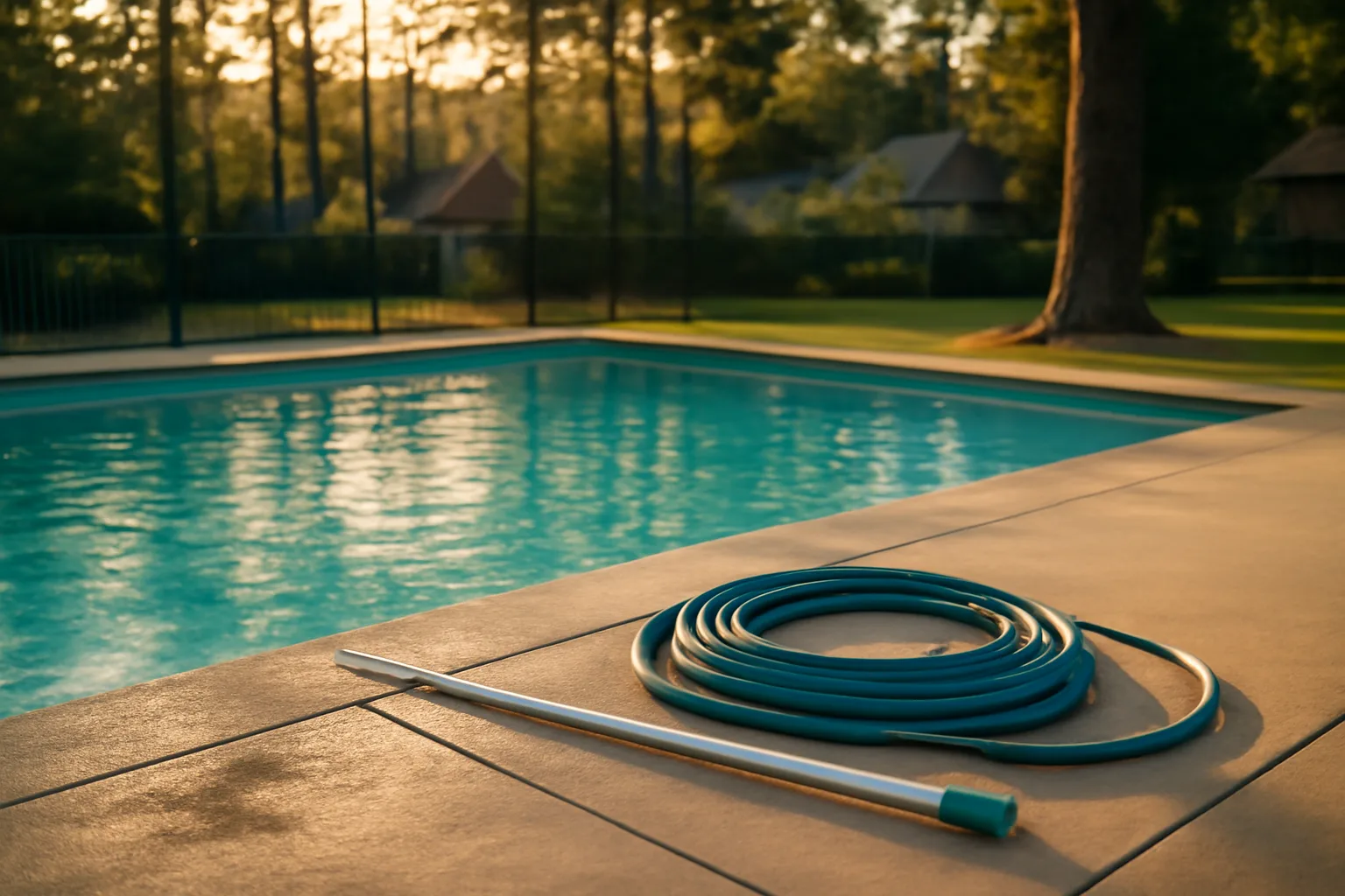 Residential Georgia pool deck with hose and pole beside clear water
