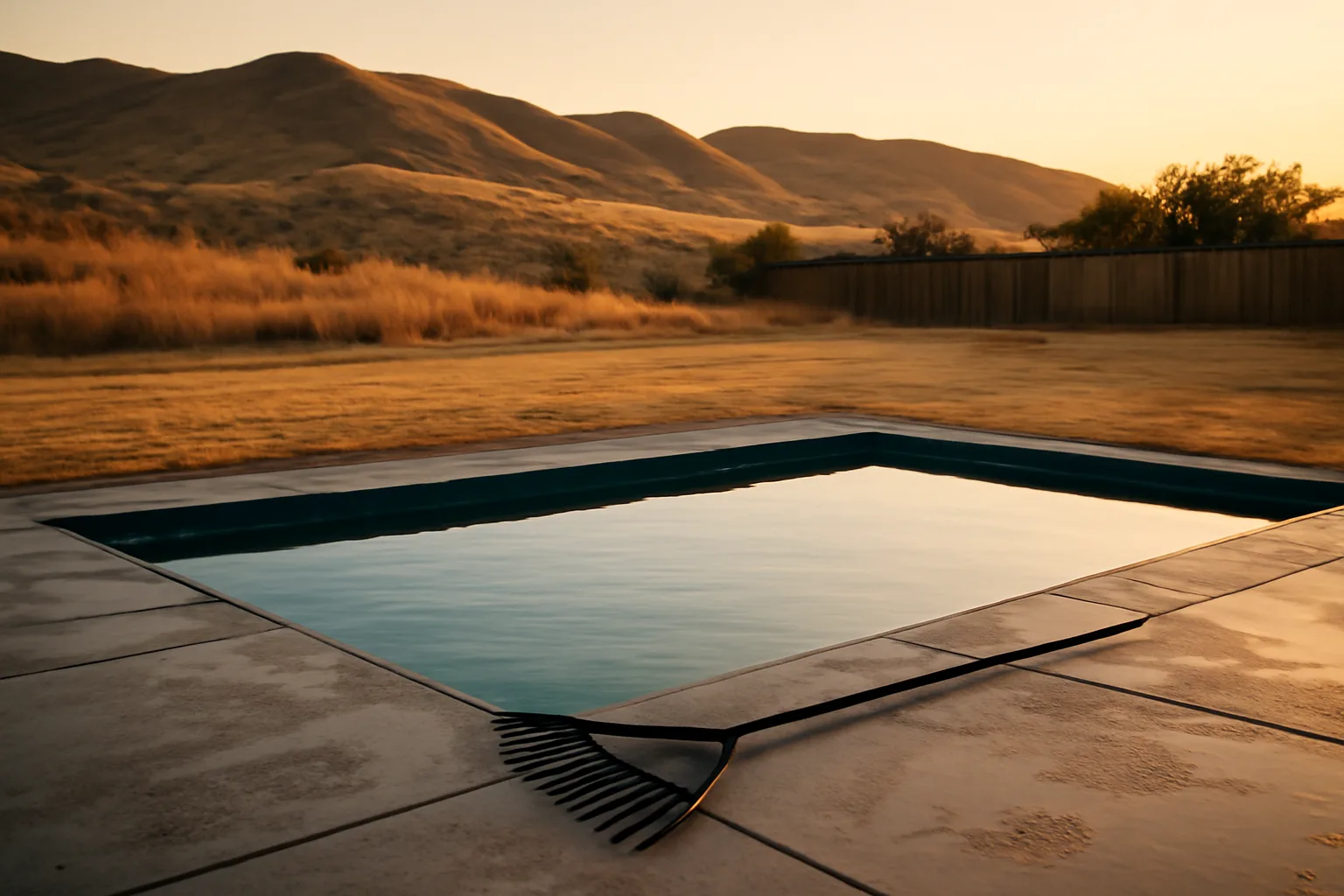 Empty Idaho backyard pool at dusk during route season